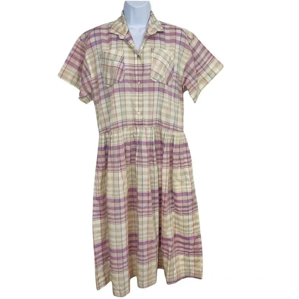 Vintage 80s Womens L Shirt Day Dress Purple Plaid Midi Short Sleeve